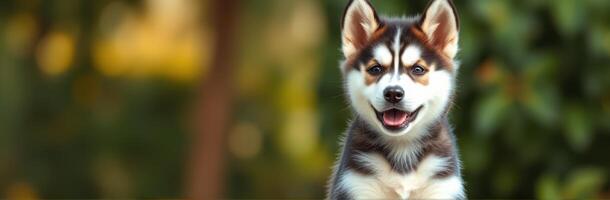 Happy puppy enjoys sunny day in lush garden while playing and exploring surroundings photo