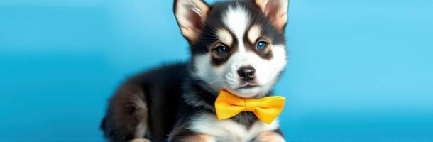 Cute puppy wearing a yellow bow tie poses against a bright blue background in an indoor setting photo