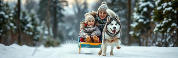 Family enjoys a winter day of sledding with a dog in a snowy forest photo