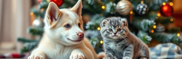 Cute puppy and kitten enjoying the festive atmosphere near a decorated Christmas tree photo