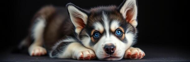 Beautiful husky puppy with striking blue eyes resting on a dark background photo