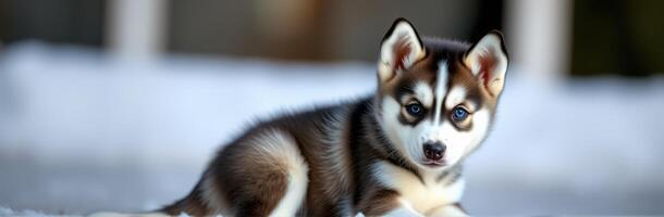 Cute husky puppy lying on snow in a cozy indoor environment during winter photo