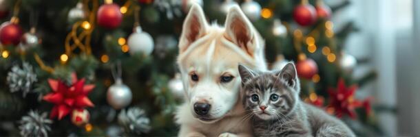 Cute puppy and kitten together by a decorated Christmas tree in a cozy home photo