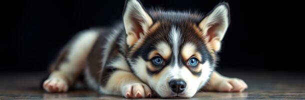 Cute husky puppy resting on a wooden floor with captivating blue eyes in a cozy indoor setting photo