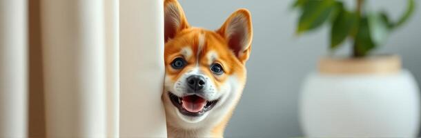Happy dog peeks around a curtain in a cozy indoor setting during daylight hours photo