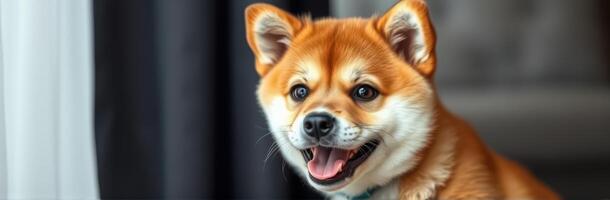 Cute shiba inu dog enjoying a sunny moment indoors with soft lighting and cheerful expression photo
