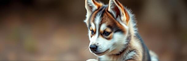 Cute young dog with distinctive fur pattern enjoying a calm moment in a serene outdoor setting during daylight hours photo