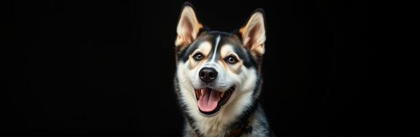 Happy dog with bright eyes and a cheerful expression against a black background photo