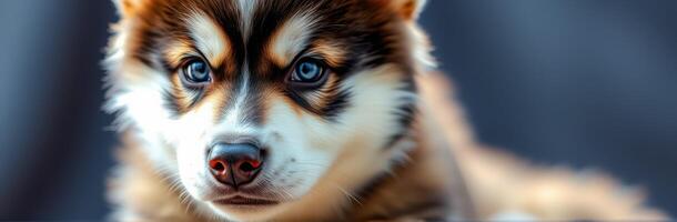 Cute husky puppy with striking blue eyes resting on a soft surface indoors during daylight photo