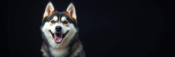 Happy dog with a friendly expression posing on a dark background in a studio setting photo