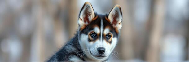 Stunning close-up of a husky puppy surrounded by a peaceful forest setting in winter photo