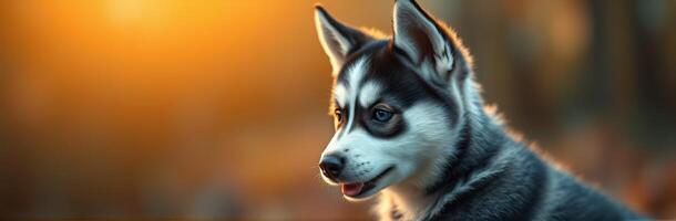 Playful husky enjoys a sunset stroll in a tranquil forest setting with warm hues surrounding it photo