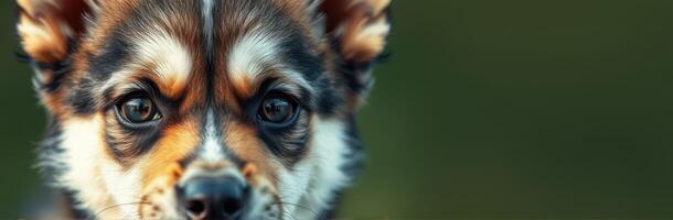 Close-up of an adorable dog with expressive eyes outdoors in soft natural light showcasing its unique fur pattern photo