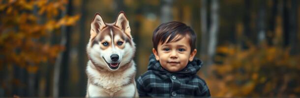 Joyful child and playful husky enjoy an autumn day in a forest setting photo