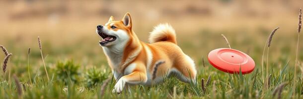 Shiba Inu joyfully chasing a frisbee in a lush green field during a sunny day photo