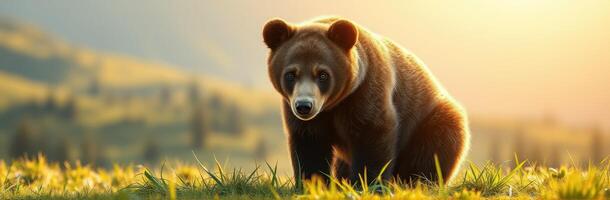 Wild grizzly bear standing on grass at sunset in a mountainous landscape photo