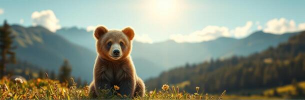 Young bear sitting in a sunlit meadow surrounded by mountains and flowers in the early morning photo