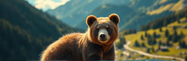 Brown bear in a mountainous landscape exploring its natural habitat during daylight hours photo