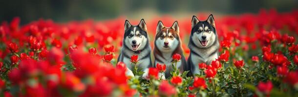 Three huskies sit happily among vibrant red roses in a colorful floral field on a sunny day photo