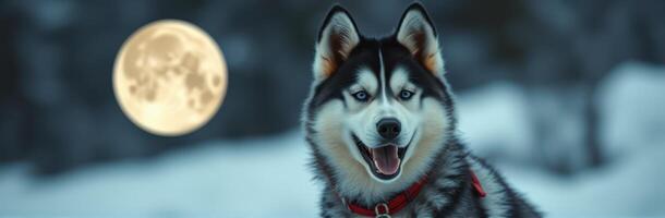 Majestic husky stands proudly in the snow under a bright full moon at night in a tranquil winter landscape photo