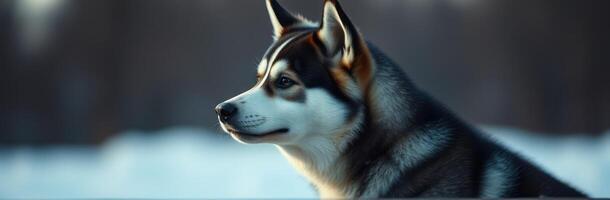 Portrait of a husky dog in a snowy landscape during a serene winter afternoon photo