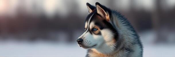 Siberian husky standing elegantly in a snowy landscape during twilight hours photo