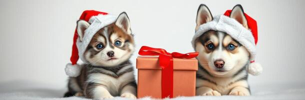 Two adorable husky puppies wearing Santa hats sit beside a wrapped gift on a light background ready for Christmas photo