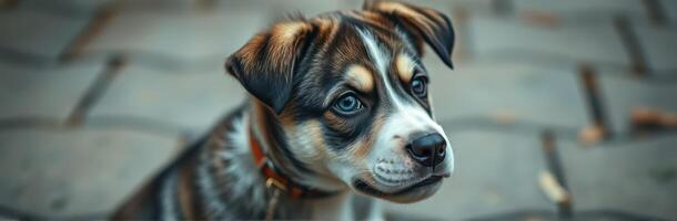 Playful puppy enjoying a sunny afternoon in a cozy outdoor setting surrounded by stone pathways photo