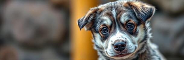 Cute puppy with unique coat pattern sits attentively in a cozy setting with blurred background photo