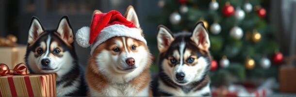 Three playful dogs wearing Christmas hats near a decorated tree and wrapped gifts during a festive celebration photo