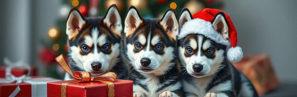 Three playful husky puppies in Santa hats by Christmas gifts in a festive living room setting photo