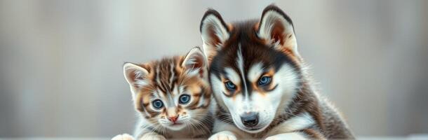 Two adorable pets, a playful kitten and a fluffy puppy, enjoy a cozy moment together in a warm setting photo