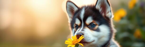 Cute puppy with flower in its mouth enjoys a sunny day in the garden during golden hour photo