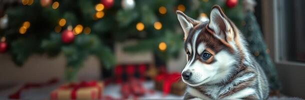 Adorable puppy next to a decorated Christmas tree with gifts in a cozy setting photo