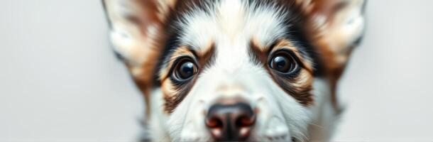 Cute puppy with big expressive eyes looking directly at the viewer in a calm indoor setting photo