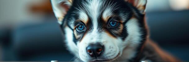 Playful puppy with striking blue eyes resting on a table in a cozy living room setting during the afternoon photo