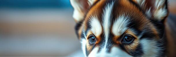 Cute puppy showing expressive eyes and stunning fur patterns indoors at dusk photo