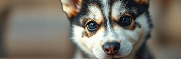 Playful puppy with striking blue eyes rests during a sunny afternoon in a cozy outdoor setting photo