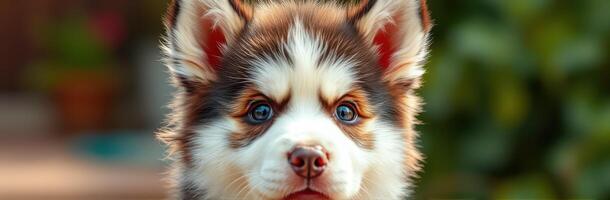 Cute puppy with striking blue eyes stands in a garden during golden hour sunlight photo
