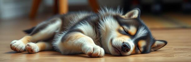 Cute fluffy puppy sleeping peacefully on a wooden floor in a cozy living room during a sunny afternoon photo