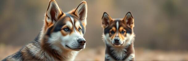 Dogs relax in a natural setting, showcasing their fur patterns and expressions during a calm afternoon photo
