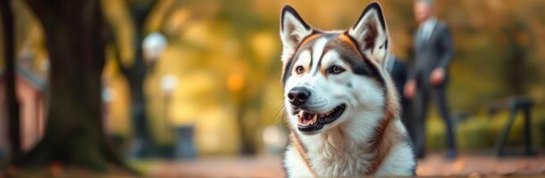 Siberian husky enjoying a peaceful afternoon stroll in a city park during autumn photo