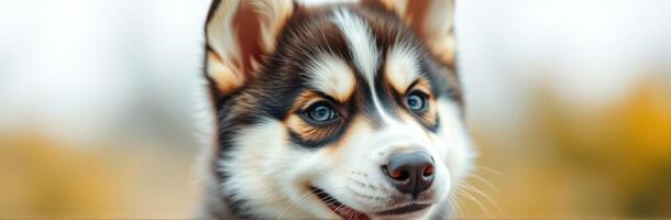 Cute husky puppy posing outdoors with a charming smile in a natural setting photo