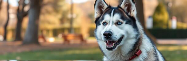 Husky dog sits happily in warm sunlight at an outdoor park during a calm afternoon photo