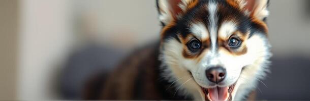 Happy dog with expressive eyes enjoying indoor playtime in a cozy setting photo