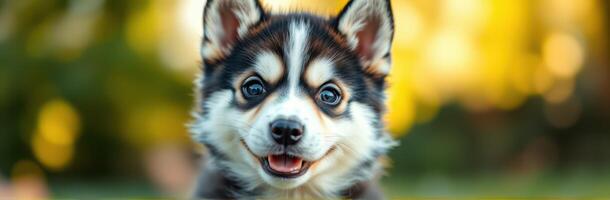 Cute puppy with happy expression enjoying sunny day in park photo