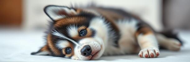 Cute corgi puppy laying on a soft surface looking curiously at the camera during a cozy indoor moment photo