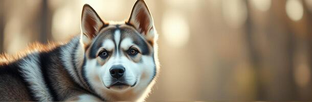 Beautiful husky enjoying a serene moment in a tranquil forest during golden hour photo