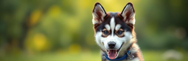 Happy husky enjoying a sunny day at the park with a vibrant green background and soft sunlight illuminating its fur photo