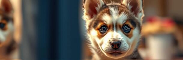 Cute puppy with blue eyes looks curiously at the camera in a cozy indoor setting during daytime photo